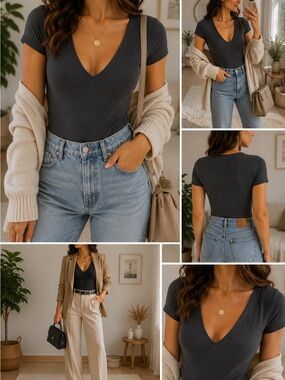 🩶 Limited Collection Charcoal Grey V-Neck Bodysuit — Size Medium